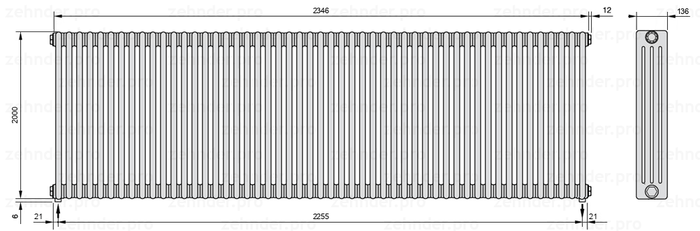 Схема (чертеж) Радиатор Zehnder Charleston 4200/51 №3570 Белый глянцевый RAL 9016